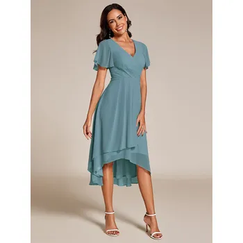 Dámské šaty Midi šifonové svatební šaty pro hosty s volánovým rukávem Barva: Tyrkysová, Velikost: 5XL