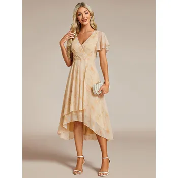 Dámské šaty Midi šifonové svatební šaty s volánovým rukávem Barva: Zlatá, Velikost: 7XL