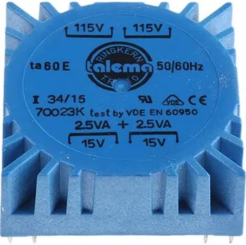 Transformátor Toroidní transformátor, počet výstupů: 2, sekundární napětí: 2 x 15V ac, Plošný spoj, Kolík, 49.7 x 49.7 x 19.5mm