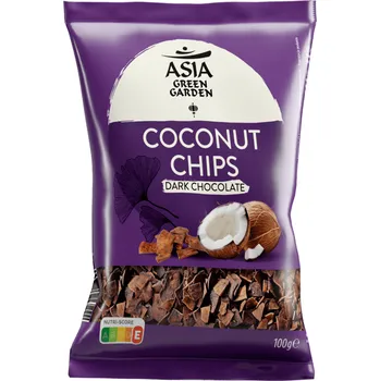 Sušená potravina ASIA GREEN GARDEN kokosové chipsy v hořké čokoládě 100g