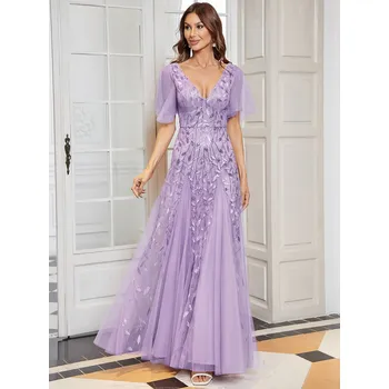 Dámské šaty Třpytivé dlouhé večerní šaty s výstřihem a dlouhým rukávem Barva: Levandulová, Velikost: 6XL