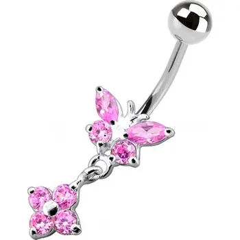 Piercing Šperky4U Stříbrný piercing do pupíku - motýlek s kytičkou - BP01287-P