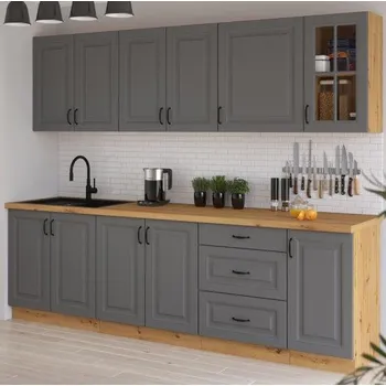 Kuchyňská linka Kuchyňská linka Stilo, artisan/dustgrey MDF, sestava D, vitrína, 260 cm