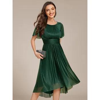 Dámské šaty Asymetrické midi svatební šaty krátkými volánovými rukávy Barva: Tmavě Zelená, Velikost: 6XL