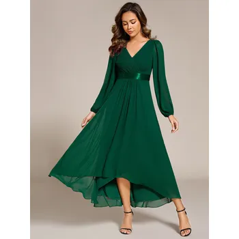 Dámské šaty Šifonové večerní šaty s lucernovým rukávem a asymetrickým lemem Barva: Tmavě Zelená, Velikost: M