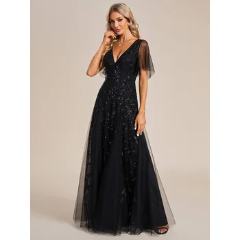 Dámské šaty Třpytivé dlouhé večerní šaty s výstřihem a dlouhým rukávem Barva: Černá, Velikost: 6XL