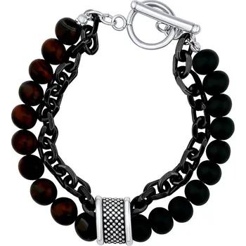 Náramek Dvojitý náramek Athanas z chirurgické oceli s černými a hnědými korálky KMM182645B