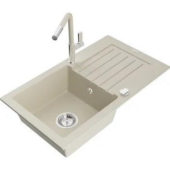 Kuchyňský dřez MEXEN/S - Pablo granitový dřez 1 s odkapávačem včetně baterie Flora, béžová 6510-69-670401-09
