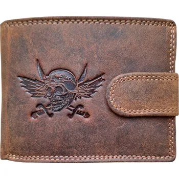 Peněženka Fansport Kožená peněženka Motorkář Okřídlená lebka s přezkou Hnědá