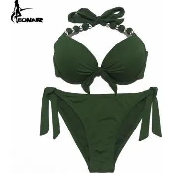 Dámské plavky Dámské dvoudílné push up plavky s korálky (mix barev a vzorů) Barva: armádní zelená, Velikost: XXL