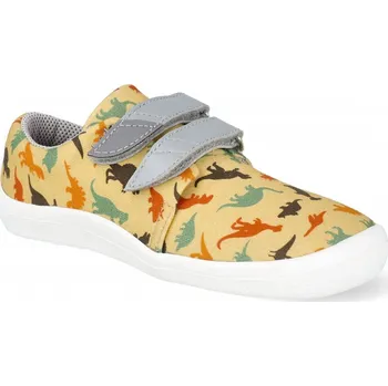 Barefoot dětské tenisky Beda - Dinosaurus textilní s pevným opatkem vegan žluté Velikost: 35
