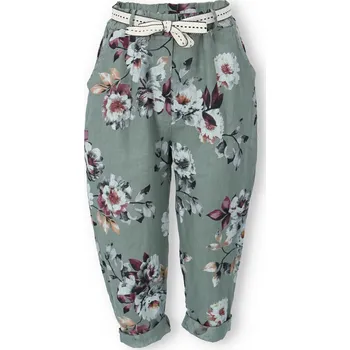Kalhoty lněné s potiskem 10156P barva: zelená-khaki