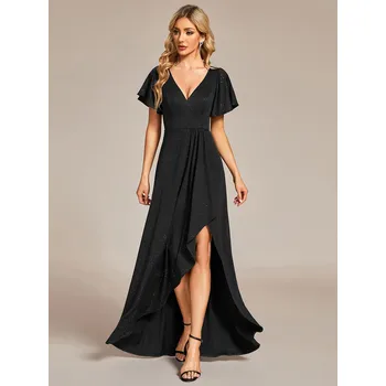 Dámské šaty Lesklé večerní šaty s volánovými rukávy Barva: Černá, Velikost: 7XL