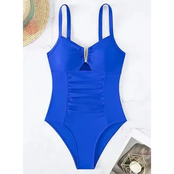 Dámské plavky Dámské jednodílné plavky se zeštíhlujícím efektem - jednobarevné (výstřih do V) Barva: modrá, Velikost: L