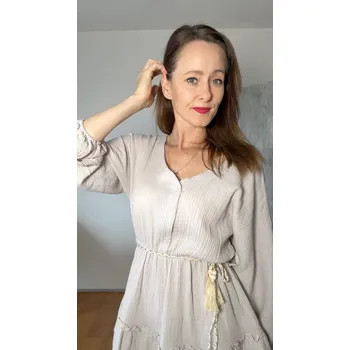 Dámské šaty BudesIN Boho béžové mušelínové šaty s páskem