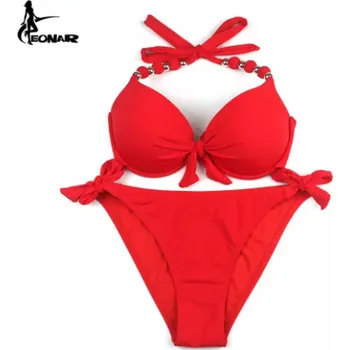 Dámské plavky Dámské dvoudílné push up plavky s korálky (mix barev a vzorů) Barva: červená (solid red), Velikost: XXL