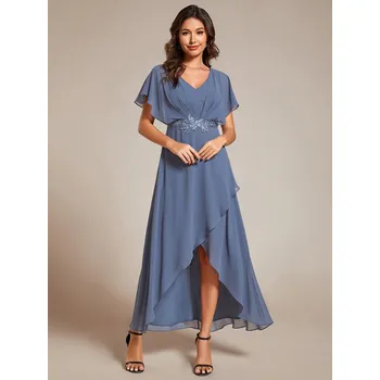 Dámské šaty Šifonové večerní šaty s krátkými rukávy Barva: Mořská, Velikost: 4XL