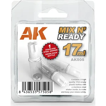 AK Interactive AK TOOLS AK505 MIX N'READY (6 Empty Jars 17ml, WITH SHAKER BALL)