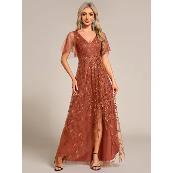 Dámské šaty Večerní midi šaty ze síťoviny s výstřihem do V Barva: Oranžová, Velikost: 5XL
