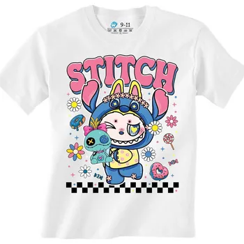 Chlapecké tričko Dětské tričko Stitch Labubu s Voodoo Panenkou (Velikost: 9-11, Barva: Bílá)