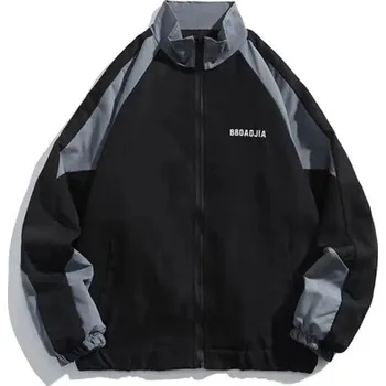 Pánská větrovka Unisex sportovní bunda na zip s kontrastními rukávy a elastickými lemy Lehká přechodová bunda s vysokým límcem Volnočasový streetwear styl černá L