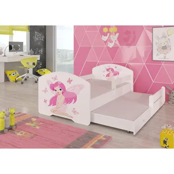 Postel ADRK Rozkládací postel PEPE II GIRL WITH WINGS, CH-Pep-II-Barr-Girl-wing-E982, 160x80 cm se zábradlím a matrací, bílá/grafika