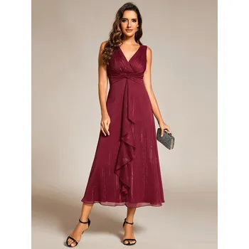 Dámské šaty Šifonové midi šaty s hlubokým výstřihem do V Barva: Bordová, Velikost: 7XL