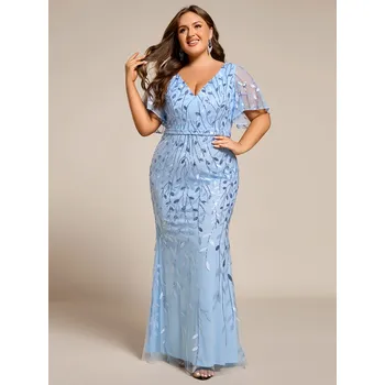 Dámské šaty Dlouhé plesové šaty typu rybí ocas s volánovými rukávy Barva: Modrá, Velikost: 9XL