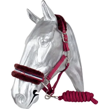 Vybavení pro koně Kentaur Ohlávka podložená hnědým beránkem vínová s modrou stuhou Cob