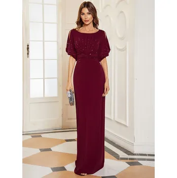 Dámské šaty Elegantní večerní šaty s korálky a vázáním v pase Barva: Bordová, Velikost: 9XL