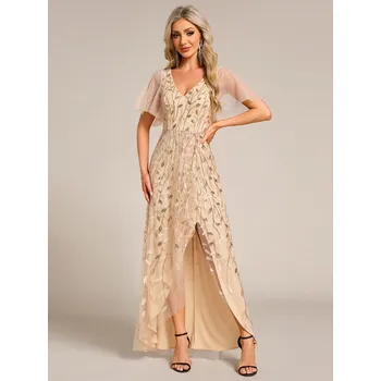 Dámské šaty Večerní midi šaty ze síťoviny s výstřihem do V Barva: Zlatá, Velikost: XL