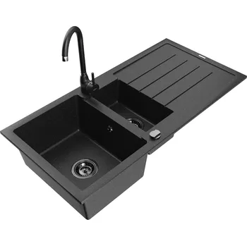 Granitový dřez MEXEN/S - Andres granitový dřez s odkapávačem včetně baterie Telma, černá/stříbrná 6515-73-670200-70-B