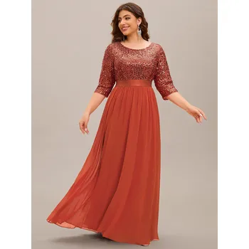 Dámské šaty Společenské šaty s kulatým výstřihem a třpytivým topem Barva: Oranžová, Velikost: 7XL