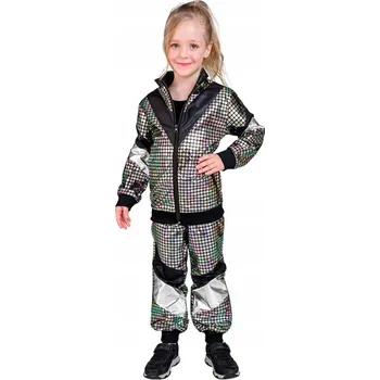 Karnevalový kostým KOSTÝM TEPLÁKOVKA DĚTSKÁ METALICKÁ STŘÍBRNÁ UNISEX 80. LÉTA SPORTOVNÍ 164