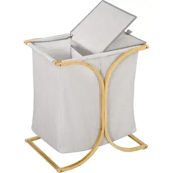 Koš na prádlo Bambusový koš na prádlo, 2 přihrádky, 55 l, sv.šedá/přírodní, TEX