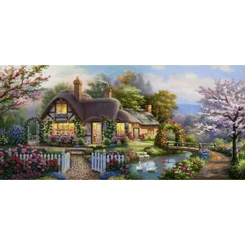 Diamantové malování Diamantové malování - Rozsvícená chaloupka v kvetoucí zahradě (100x50)