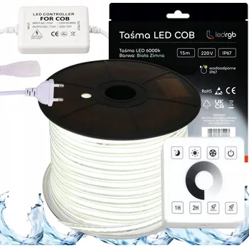 LED páska SADA LED COB pásek 230V 15m 6000K BÍLÁ STUDENÁ NAPÁJECÍ ZDROJ OVLADAČ DÁLKOVÝ OVLADAČ RF