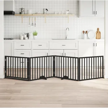 klec pro psa vidaXL Psí branka s dvířky, skládací, 4 panely, , 320 cm, topolové dřevo [352185] Barva: Černá