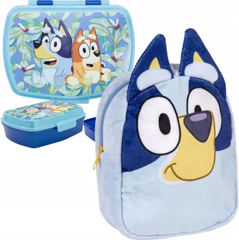 Dětský batoh BLUEY MALÝ PLYŠOVÝ BATOH s oušky do školky PLYŠOVÁ HRAČKA 22 cm + SVAČINOVÝ BOX