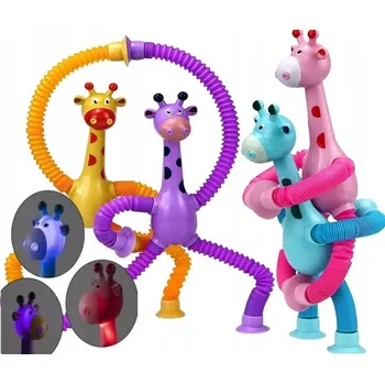 Hračka pro nejmenší Antistresová natahovací trubka Žirafa s přísavkou 4 ks LED