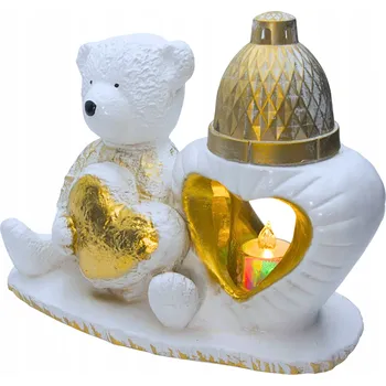 Svíčka Sádrový náhrobní HŘBITOVNÍ SVÍČKA - Zlatý Medvídek se Srdcem, LED Světlo, Sádrová Lucerna