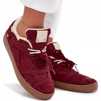 Dámská obuv DÁMSKÉ TENISKY Z EKO SEMIŠE ZATEPLENÉ KOŽÍŠKEM NÍZKÉ ŠNĚROVACÍ BORDOVÉ VEL. 38