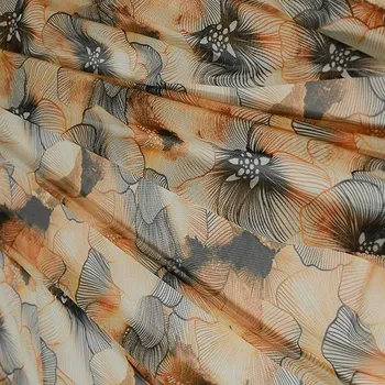 Elastický tyl N6209, žluto-hnědé květy, š.145