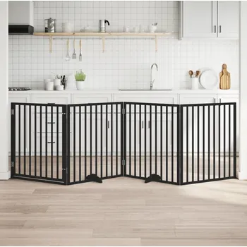 klec pro psa vidaXL Psí branka s dvířky, skládací, 4 panely, , 320 cm, topolové dřevo [352195] Barva: Černá