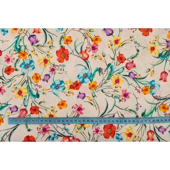 Viskózová tkanina barevné květy na béžové