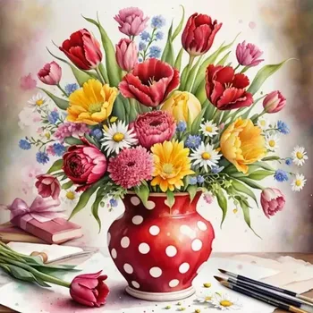 Diamantové malování Diamantové malování - Barevná kytice v červené váze (40x40) + třpytivé kamínky