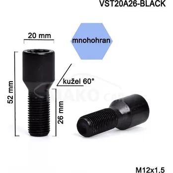 Šroubek na kolo BIMECC Kolový šroub M12x1,5x26mm kužel s vnitřním mnohohranem, průměr hlavy 20mm, černý
