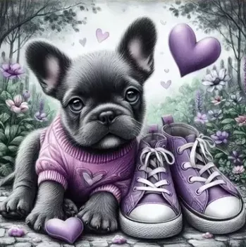 Diamantové malování Diamantové malování - Buldoček a tenisky + perleťové kamínky