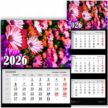Kalendář TRÍDÍLNÝ NÁSTĚNNÝ KALENDÁŘ ROK 2026 KVĚTINY RŮŽE FIALOVÁ DÁREK MIX VZORŮ