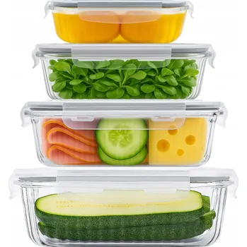 Dóza na potraviny SKLENĚNÉ NÁDOBY Lunchbox na jídlo do trouby i mrazáku, sada 4 ks